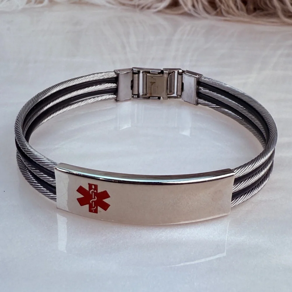 Stainless Steel Silvertone Black Unisex Medical Alert ID Bracelet
